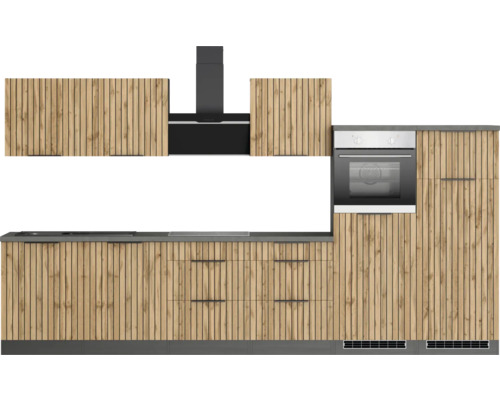 Cuisine complète avec éléments hauts, hotte aspirante, évier, tiroirs et four