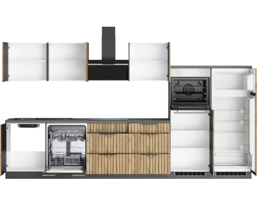 Cuisine complète avec lave-vaisselle, cuisinière, réfrigérateur, hotte et armoires murales