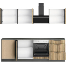 Küchenzeile mit offenem Hängeschrank, Dunstabzugshaube und Backofen