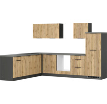 Moderne Küche mit Holzfronten und dunkler Arbeitsplatte