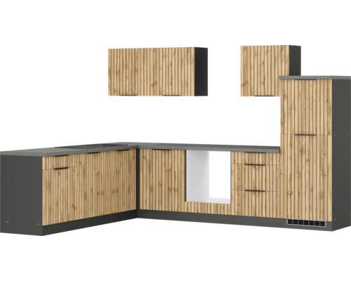 Moderne Küche mit Holzfronten und dunkler Arbeitsplatte