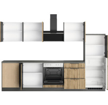 Küchenzeile mit Schränken, Ofen, Dunstabzugshaube und Kühlschrank