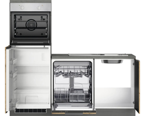 Cuisine compacte avec four, réfrigérateur, lave-vaisselle et évier