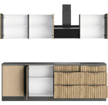 Cuisine équipée avec éléments hauts, hotte aspirante et éléments bas avec tiroirs