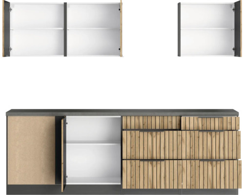 Möbelset bestehend aus Unterschrank und zwei Hängeschränken mit Stauraum