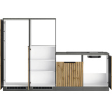 Outdoor Küche mit Schrank, Regalen, Spüle und Stauraum