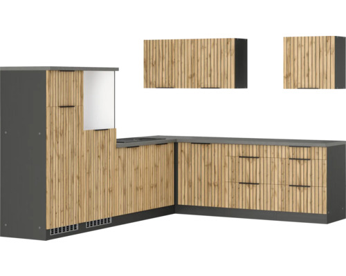 Moderne Küche mit Holzfronten und grauer Arbeitsplatte