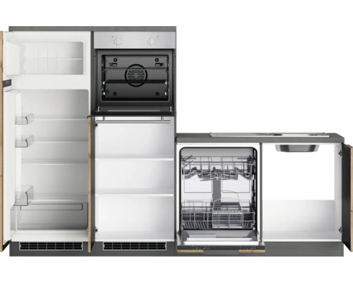 Cuisine compacte avec réfrigérateur, four, lave-vaisselle et évier