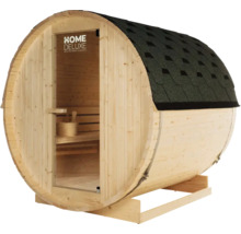 Sauna tonneau en bois avec bardeaux et porte en verre