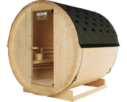 Sauna tonneau en bois avec bardeaux et porte en verre