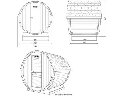 Schéma technique d'un sauna tonneau avec dimensions