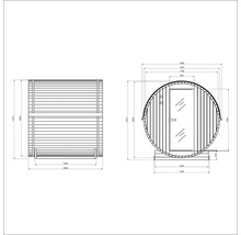 Dessin technique d'un sauna en tonneau avec dimensions