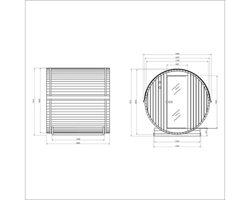 Dessin technique d'un sauna en tonneau avec dimensions