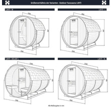 Comparaison des tailles du sauna tonneau d'extérieur LAHTI en différentes versions