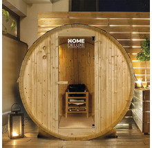 Sauna tonneau en bois avec porte ouverte et vue intérieure