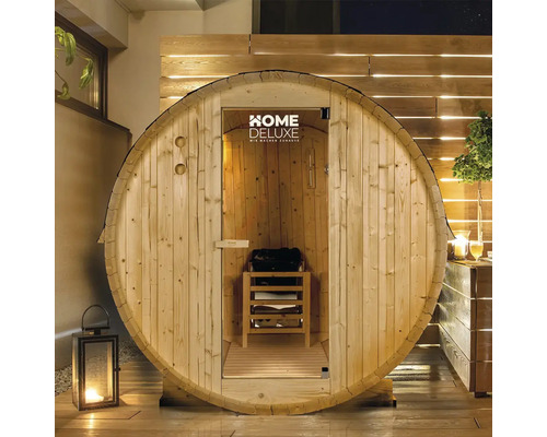 Sauna tonneau en bois avec porte ouverte et vue intérieure