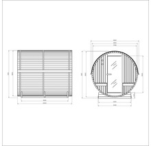 Dessin technique d'un sauna tonneau avec dimensions.