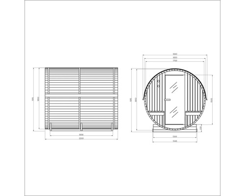 Dessin technique d'un sauna tonneau avec dimensions.