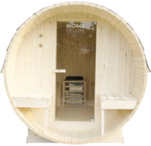 Sauna en forme de tonneau avec porte en verre et bancs
