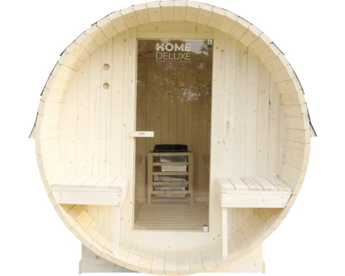 Sauna en forme de tonneau avec porte en verre et bancs