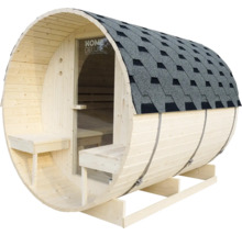 Sauna tonneau en bois avec bardeaux et porte en verre