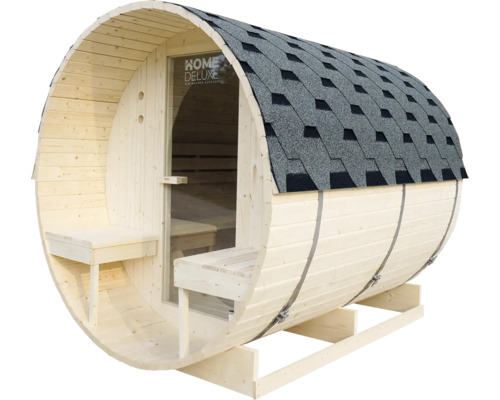 Sauna tonneau en bois avec bardeaux et porte en verre