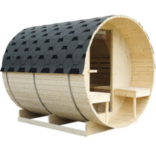 Sauna en forme de tonneau avec toit en bardeau