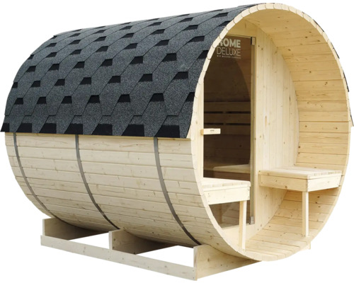 Sauna en forme de tonneau avec toit en bardeau