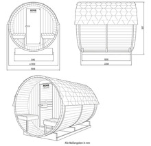 Schéma technique d'un sauna en forme de tonneau avec dimensions