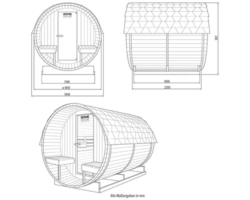 Schéma technique d'un sauna en forme de tonneau avec dimensions