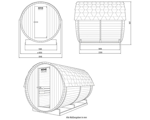 Schéma technique d'un sauna tonneau avec dimensions