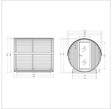 Schéma technique d'un sauna tonneau avec dimensions