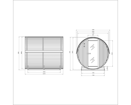 Schéma technique d'un sauna tonneau avec dimensions