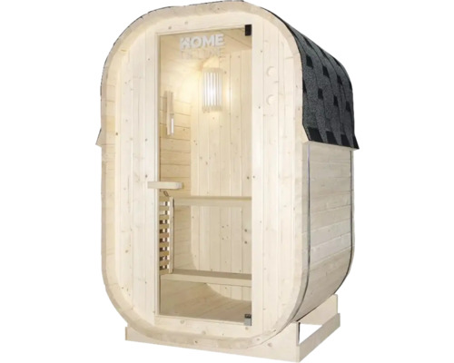Sauna tonneau avec porte en verre et bardeau de toiture