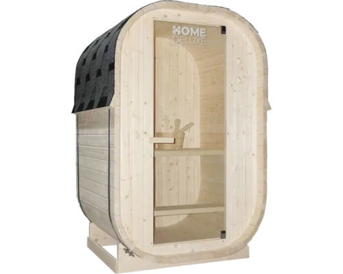 Sauna tonneau avec porte en verre et bardeaux de toit