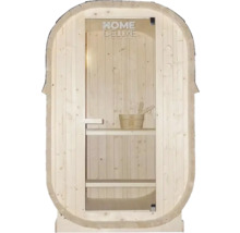 Sauna en bois avec porte en verre et logo Home Deluxe