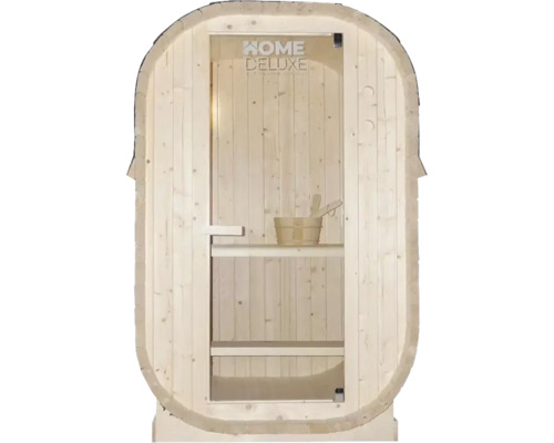 Sauna en bois avec porte en verre et logo Home Deluxe