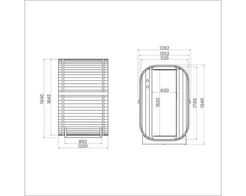 Dessin technique d'un sauna avec dimensions