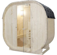 Sauna tonneau avec porte en verre et toit en bardeaux