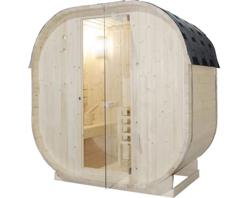 Sauna tonneau avec porte en verre et toit en bardeaux