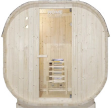 Sauna tonneau en bois avec porte en verre et tabouret