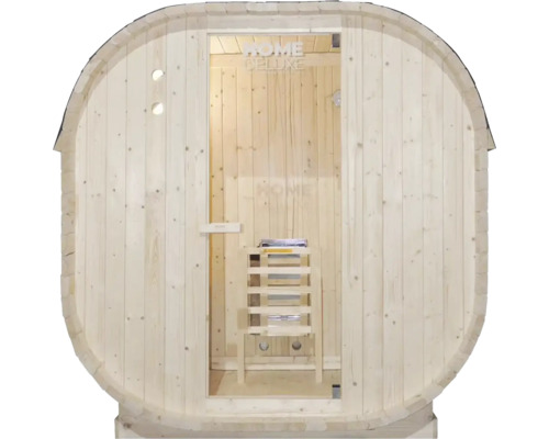 Sauna tonneau en bois avec porte en verre et tabouret