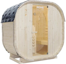 Sauna tonneau avec porte en verre et toit en bardeau