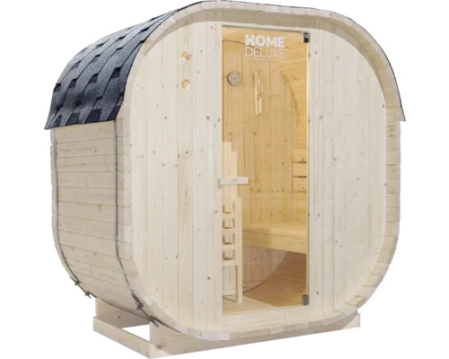 Sauna tonneau avec porte en verre et toit en bardeau