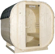 Sauna tonneau avec porte en verre et bancs en bois