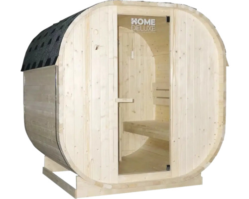 Sauna tonneau avec porte en verre et bancs en bois