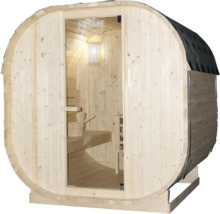 Sauna tonneau avec porte en verre et intérieur en bois