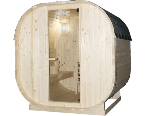 Sauna tonneau avec porte en verre et intérieur en bois