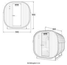 Dessin technique d'un sauna tonneau avec dimensions