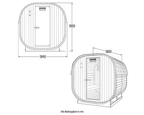 Dessin technique d'un sauna tonneau avec dimensions